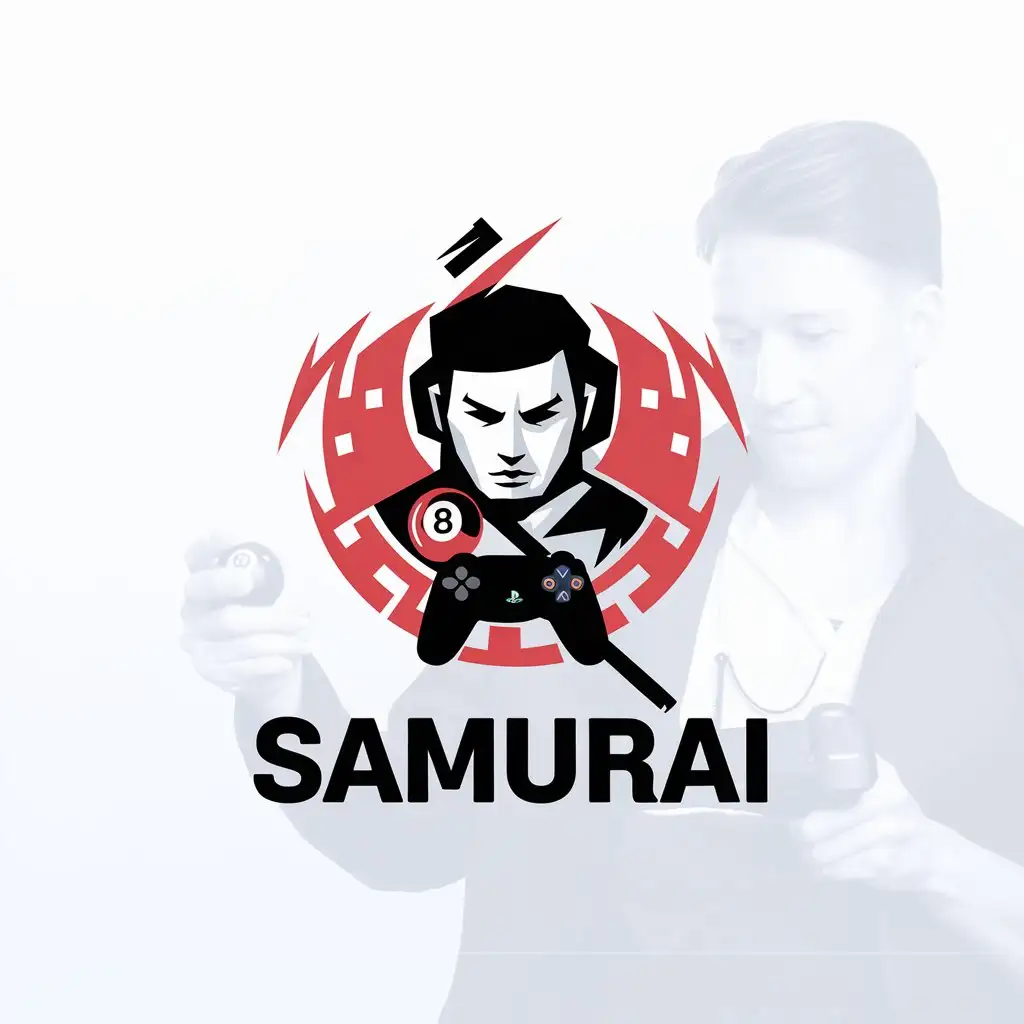 LOGO Design for SAMURAI Gaming Cyber Symbol with 8 Pool Ball and PlayStation Gamepad Theme