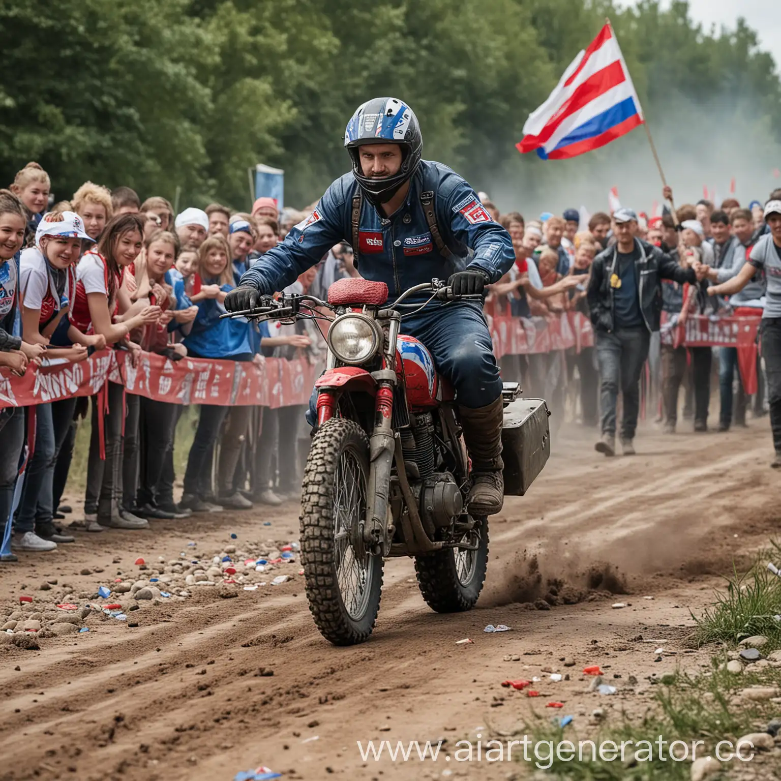 Russian-OffRoad-Biker-Crosses-Finish-Line-with-Volunteers