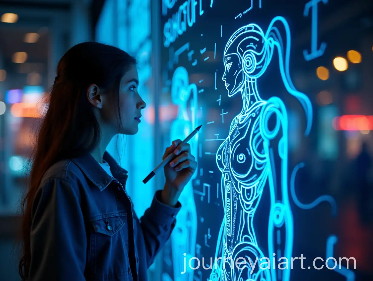 Girl-and-Robot-Drawing-on-Glass-with-Neon-Markers-in-a-Futuristic-Setting