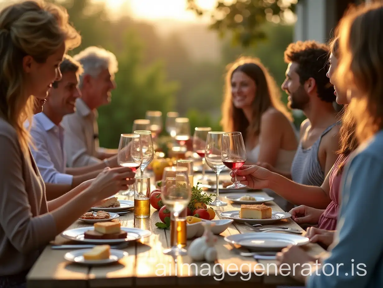 meal with wines and cheese among 12 friends on a sunny wooden terrace