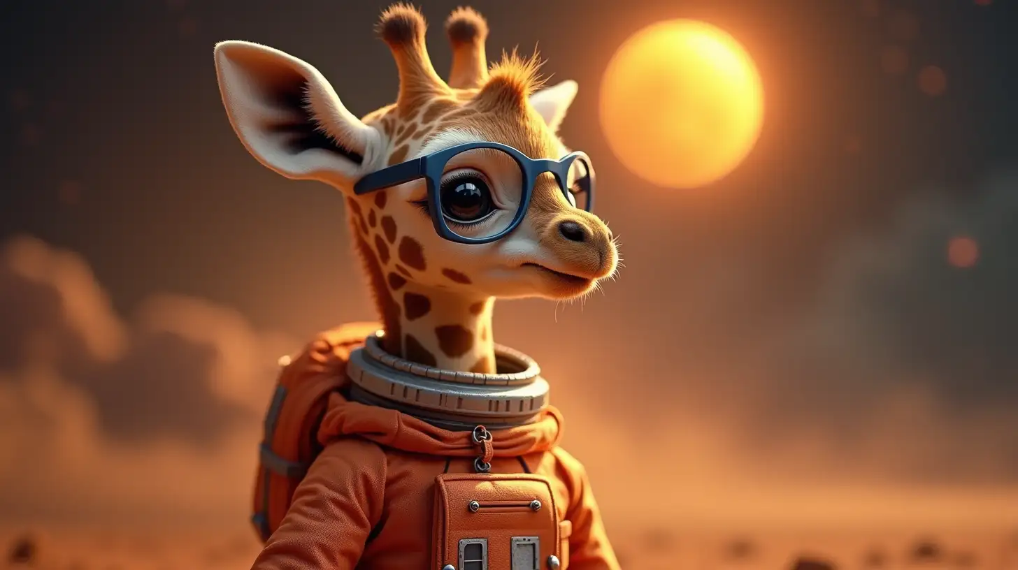 small little baby giraffe with glasses dressed as an astronaut in the space and the sun