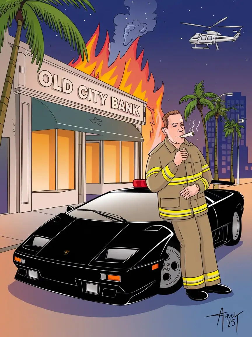 Cartoon Firefighter Relaxing by a Lamborghini in Front of a Burning Bank in Florida