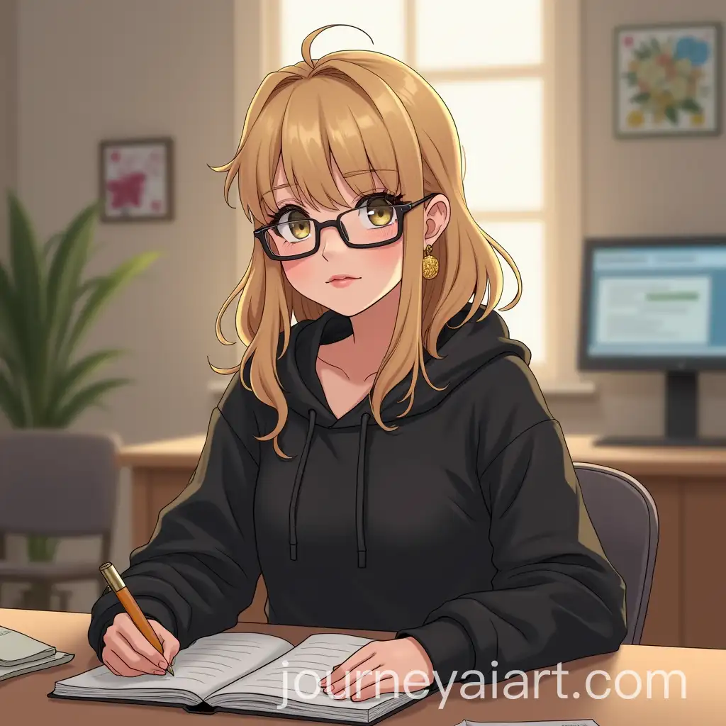 Girl-Reading-at-Desk-with-Golden-Earrings-in-Black-Hoodie