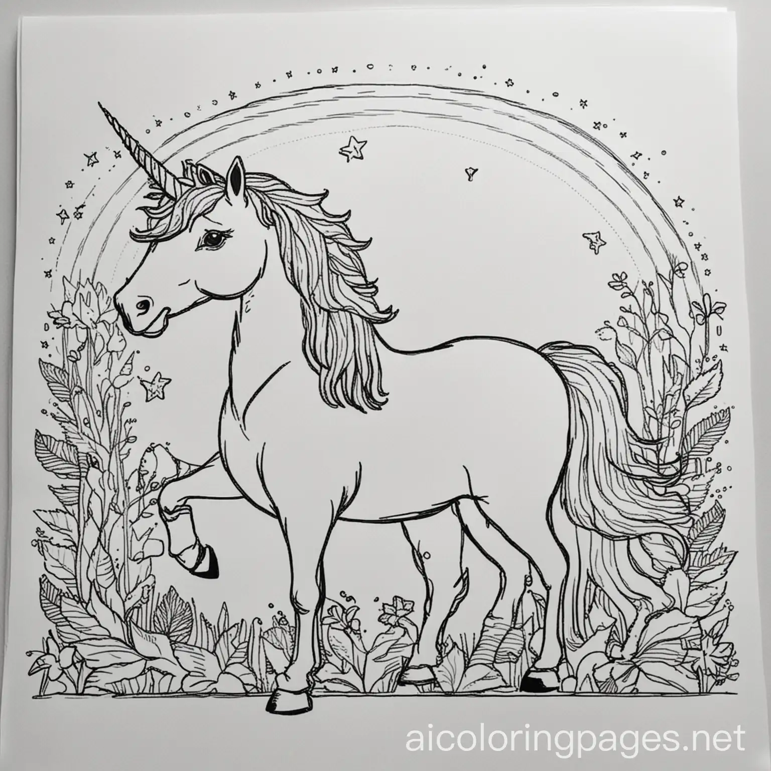 Unicorns, Coloring Page, black and white, line art, white background, Simplicity, Ample White Space. The background of the coloring page is plain white to make it easy for young children to color within the lines. The outlines of all the subjects are easy to distinguish, making it simple for kids to color without too much difficulty