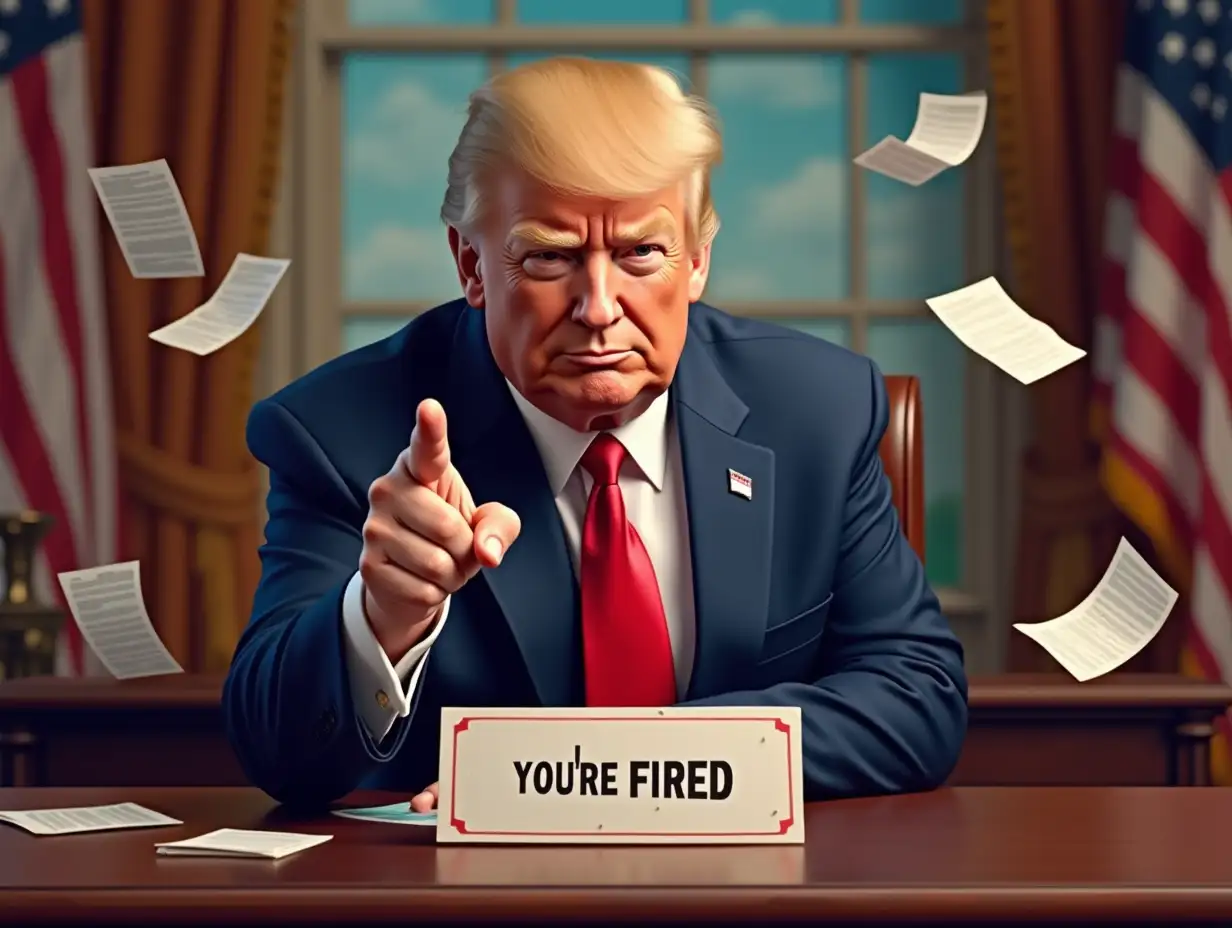 live life Donald Trump sitting at a desk, pointing at the viewer with a cheeky wink. The desk features a “You’re Fired” sign, and papers are flying dramatically in the background. Use bright, bold colours to keep the design lighthearted.