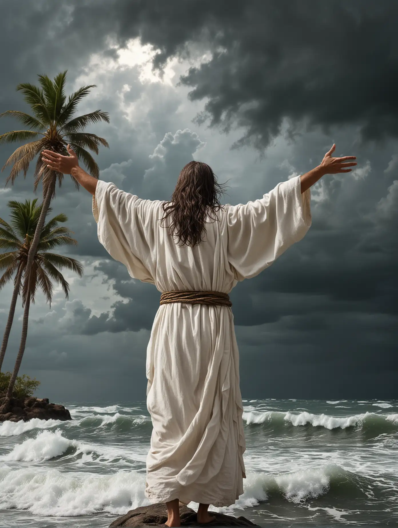 Jesus, clothed in white with hair, stands with arms raised above the stormy sea. Back view. The sky is covered with dark clouds. palm tree