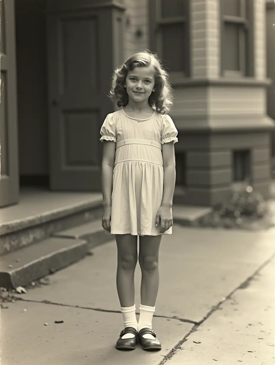 1945 year, beautiful preteen girl, thirteen years old, 40's hair style, thin build, very short summer dress, white socks, vintage shoes, summer, street, high quality.