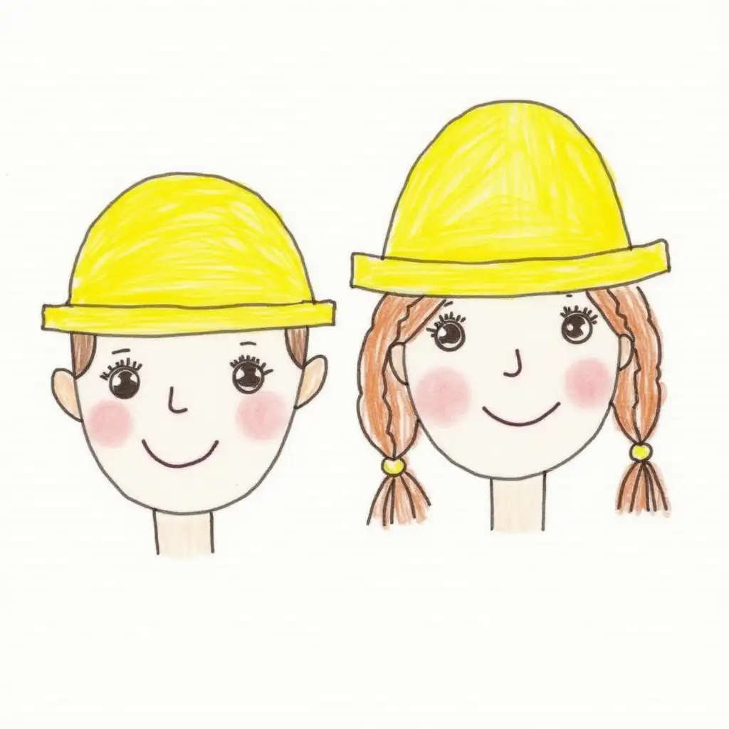 Crayon-Drawing-of-Two-Children-with-Yellow-Round-Hats