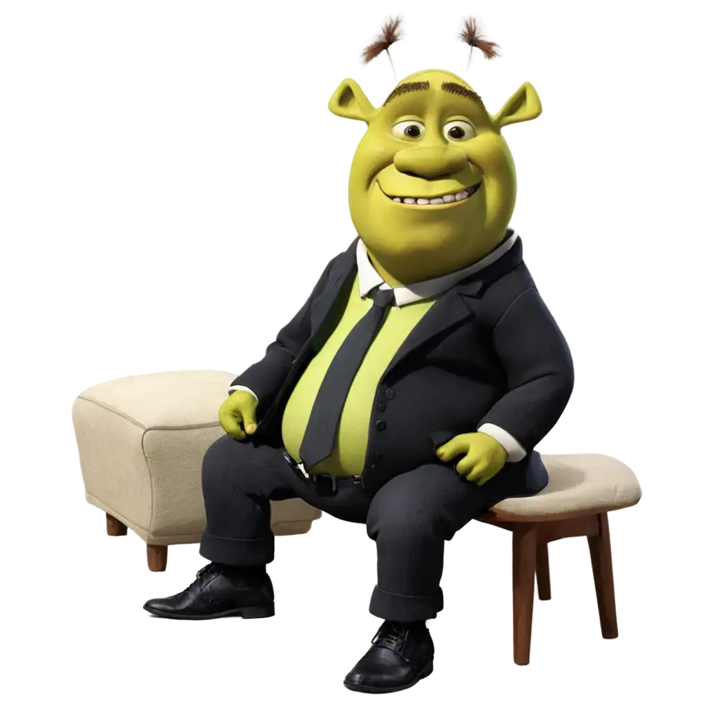 In the morning in Chicago, USA, Shrek, who is overweight, is sitting on his bed trying to tie his shoelaces while wearing a black suit. However, his belly is so big that his hands don't reach his feet easily. He is sweating profusely and looks very tired. Donkey is looking at him with a pitiful expression next to him. Please draw the overall atmosphere of the picture brightly.