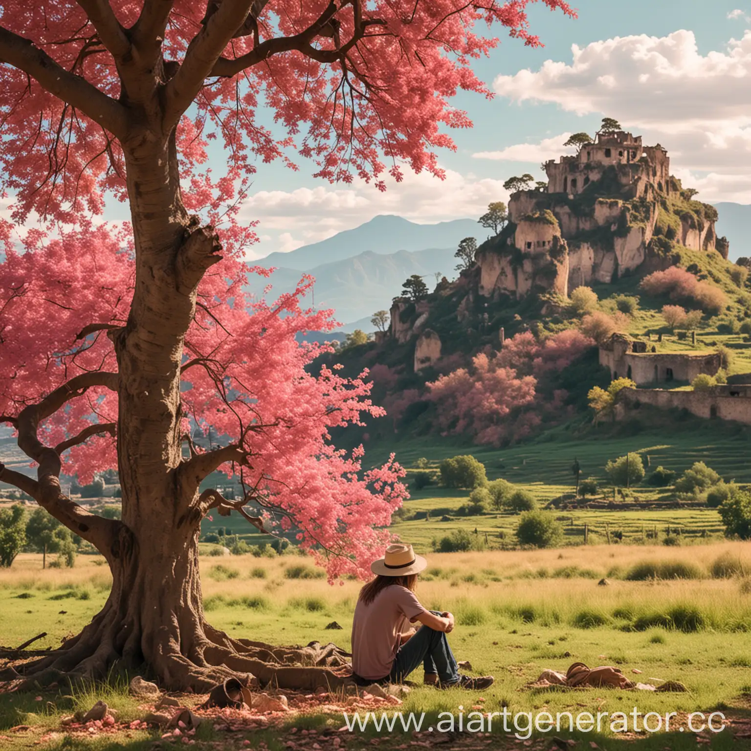 Young-Man-with-Long-Hair-Sitting-under-Pink-Foliage-Tree-in-Ruined-Cityscape