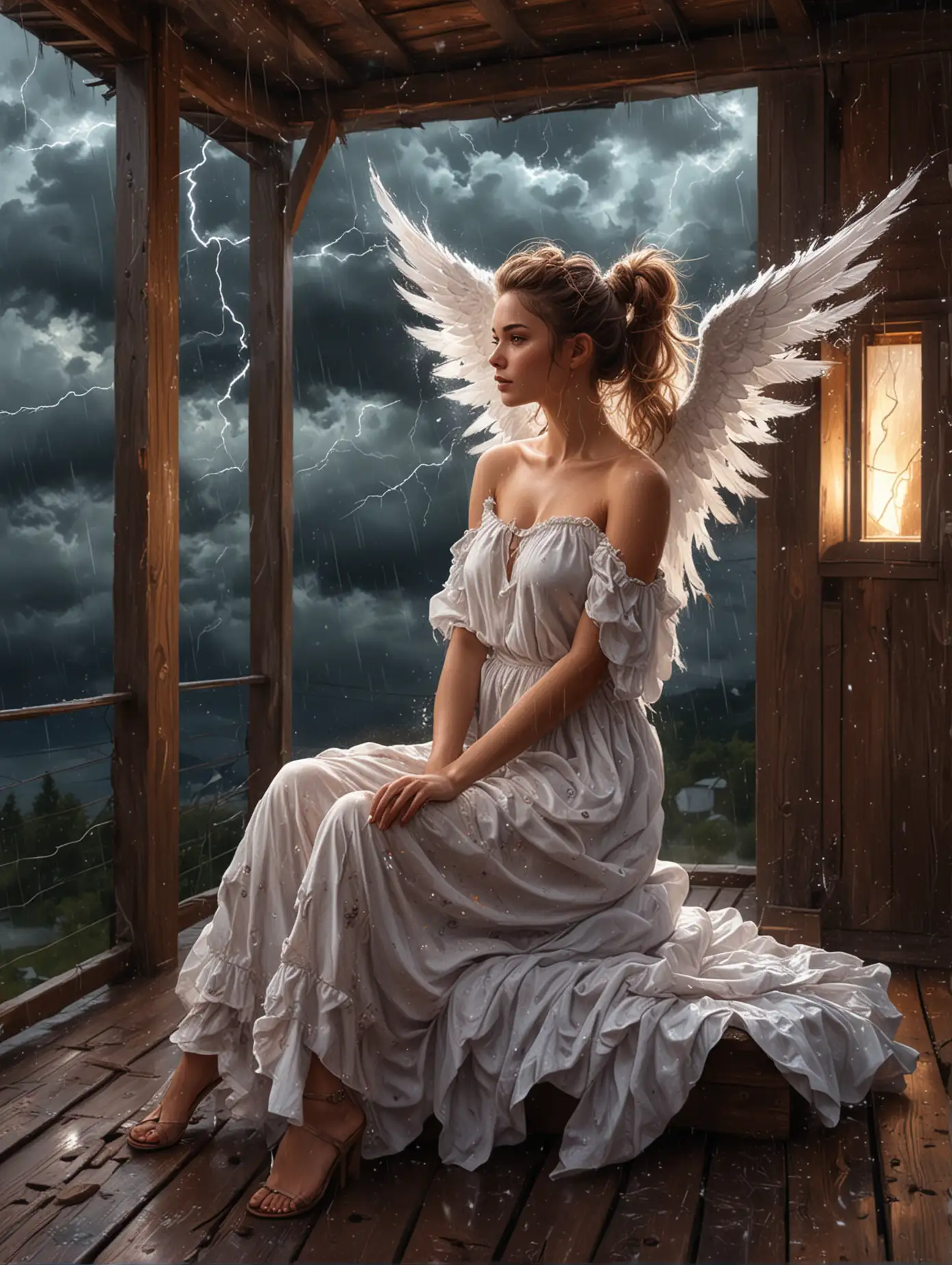 modern digital art illustration, acrylique, A beatiful angel with majestic wings, messy ponytails hair, glowing dress, she is sitting in a large wooden cabin's terrace perched in a cloudy clouds, the weather is stormy with lightning and a dark sky