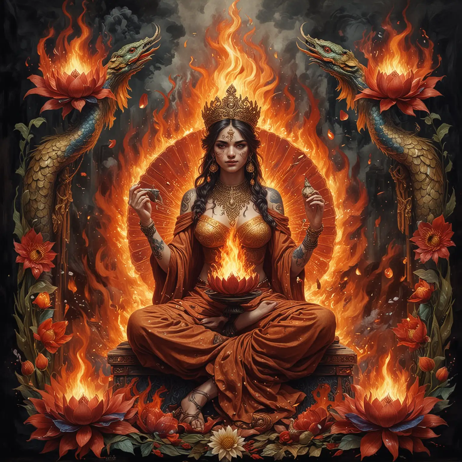 Majestic Adolescent Empresses Surrounded by Fire and Dragons