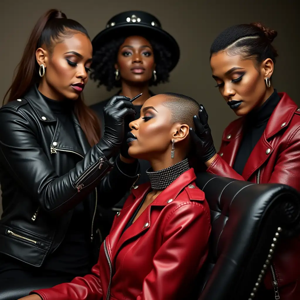 Three-Black-Women-Applying-Makeup-to-Cynthia-Erivo-in-Leather-Fashion-Style