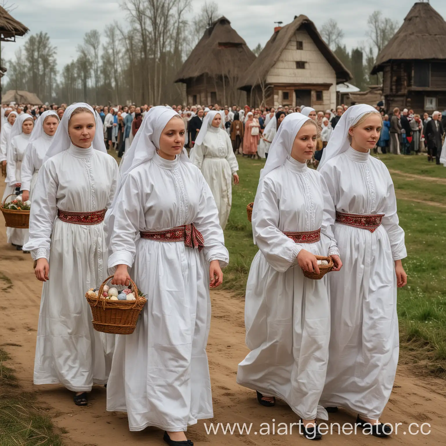  В беларускай деревни проводы поста на Пасху. Беларусь 17 век. Жители в белых кафтанах. Видны деревенские дома 17 века.