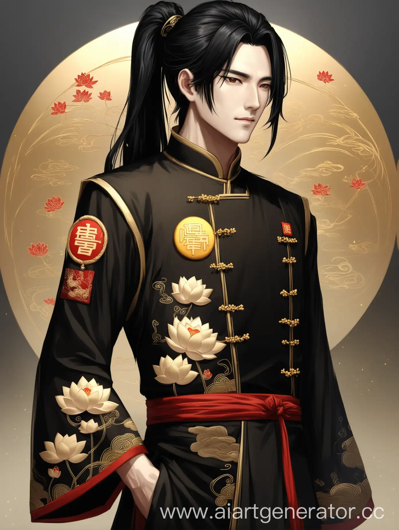 Asian-Warrior-with-Black-Ponytail-and-Lotus-Embroidered-Chinese-Clothing