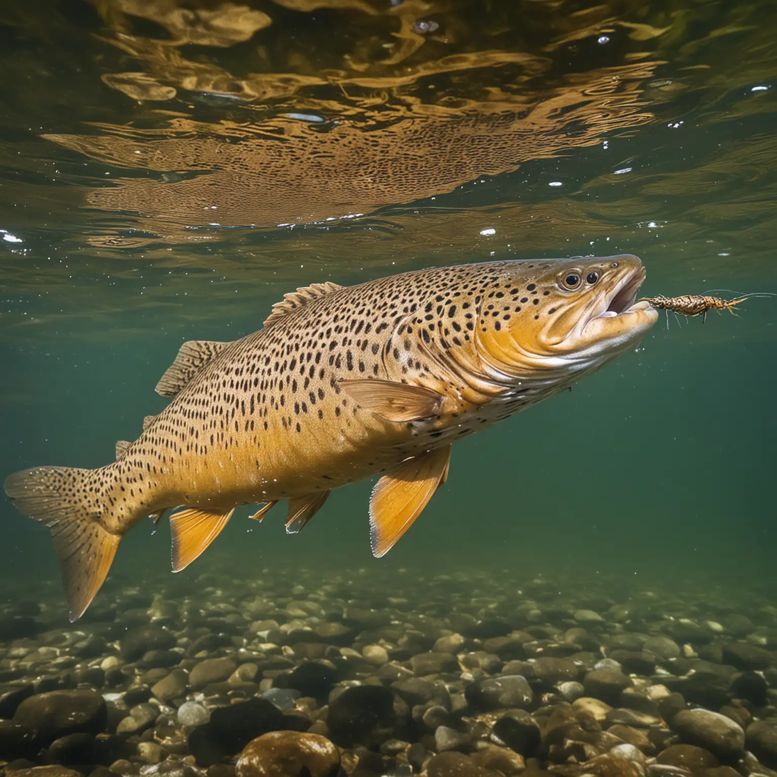 Underwater Scene Brown Trout Chasing Swimming Crayfish in Montana River