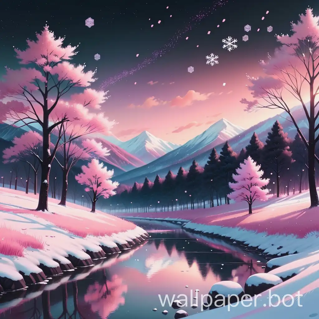 pastel winter landscape with pink hues and snowflakes, dark-themed but kawaii and emo