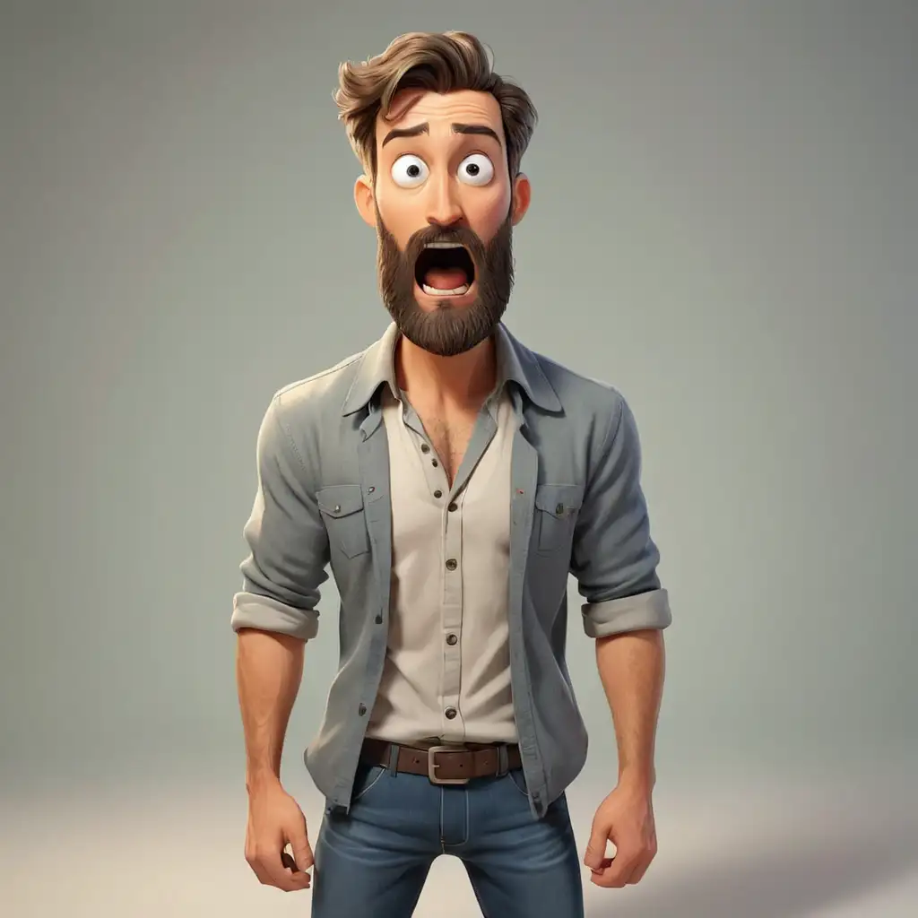 a cartoon handsome man with a beard is very surprised and stands full height