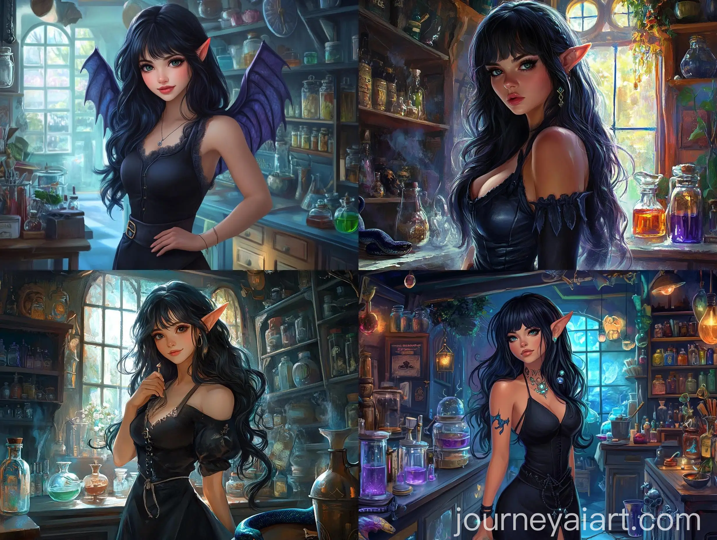 Curvy-Elf-Girl-in-Potion-Shop-with-Dark-Blue-Pet-Snake