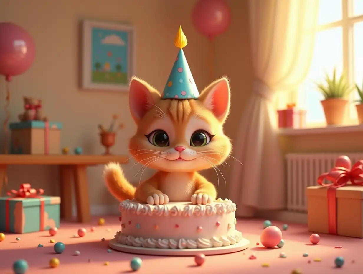 anthropomorphic kitten tender at birthday, 3d style, birthday cake and gifts, in his room decorated for parties