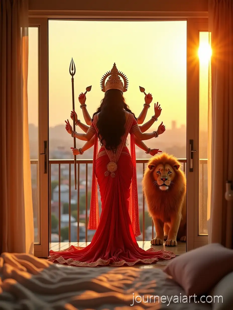 Goddess-Durga-on-Balcony-at-Sunrise-with-Lion-in-UltraRealistic-Divine-Setting