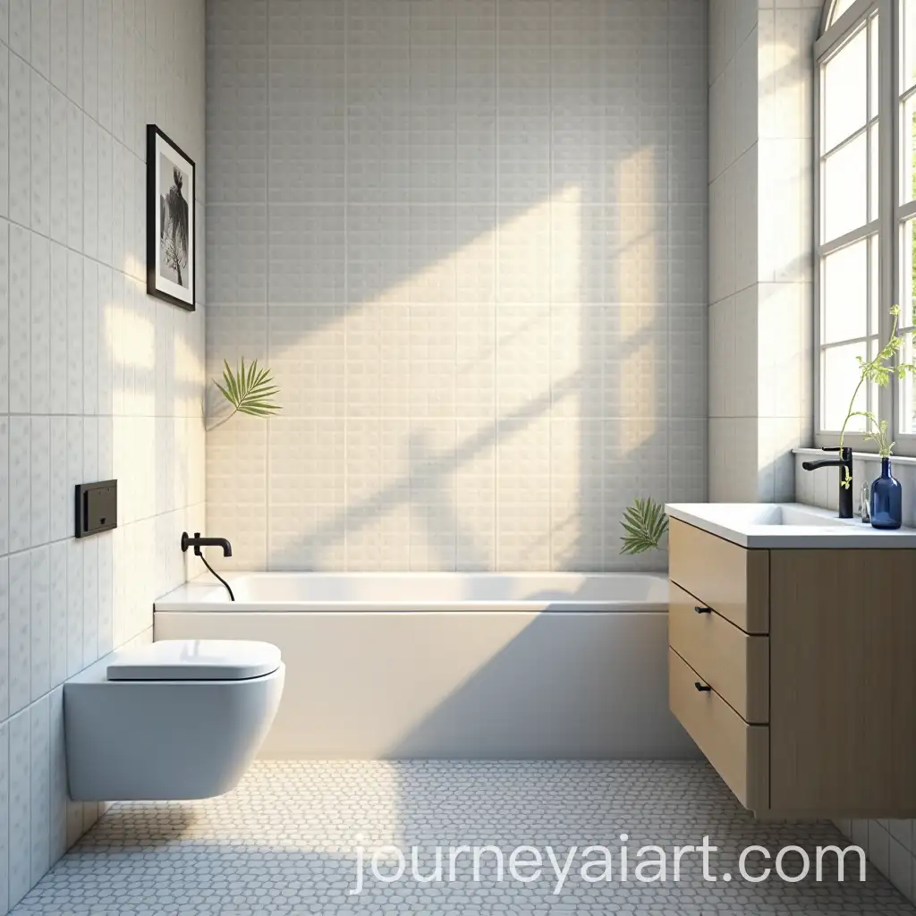 Modern-Bathroom-with-Ice-White-Tiles-and-Mustard-Navy-Decor-under-Sunset-Light