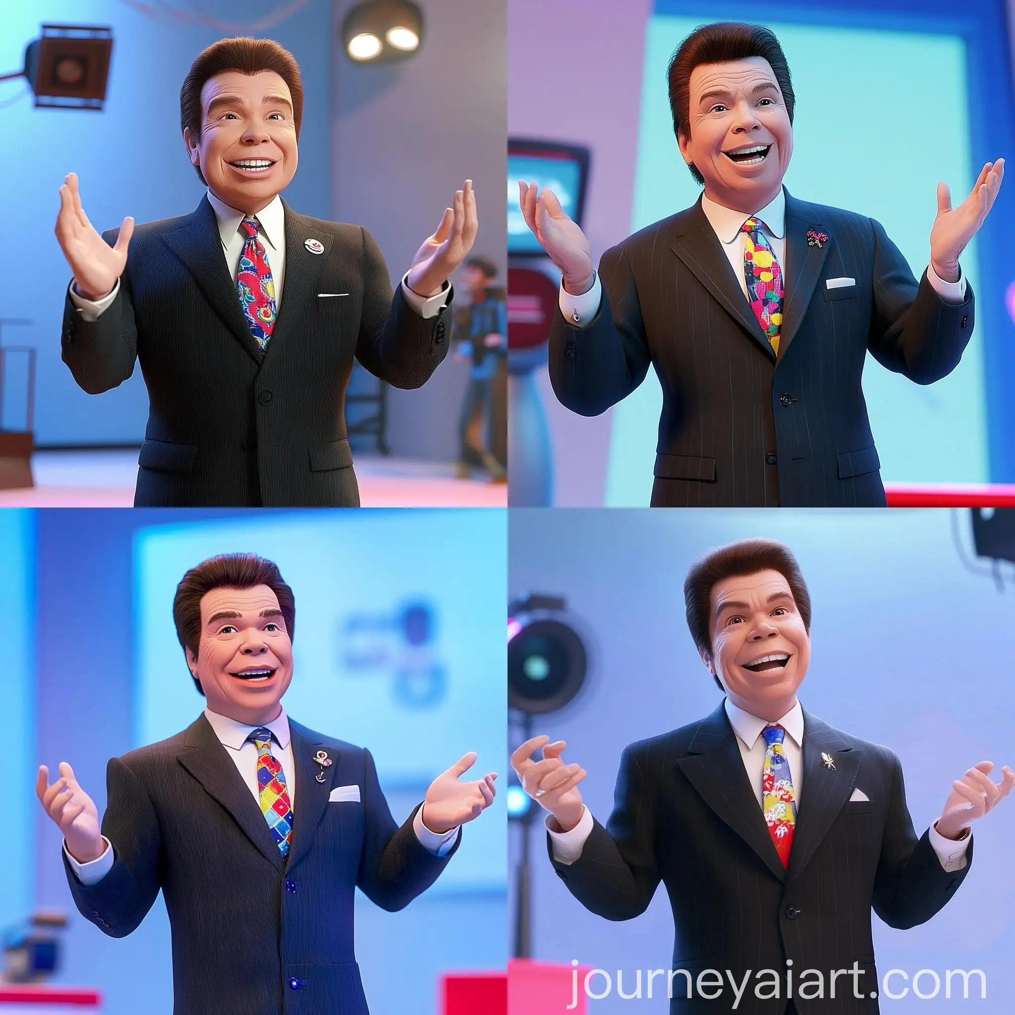 Smiling-Man-in-Formal-Attire-Gesturing-on-Television-Studio-Stage