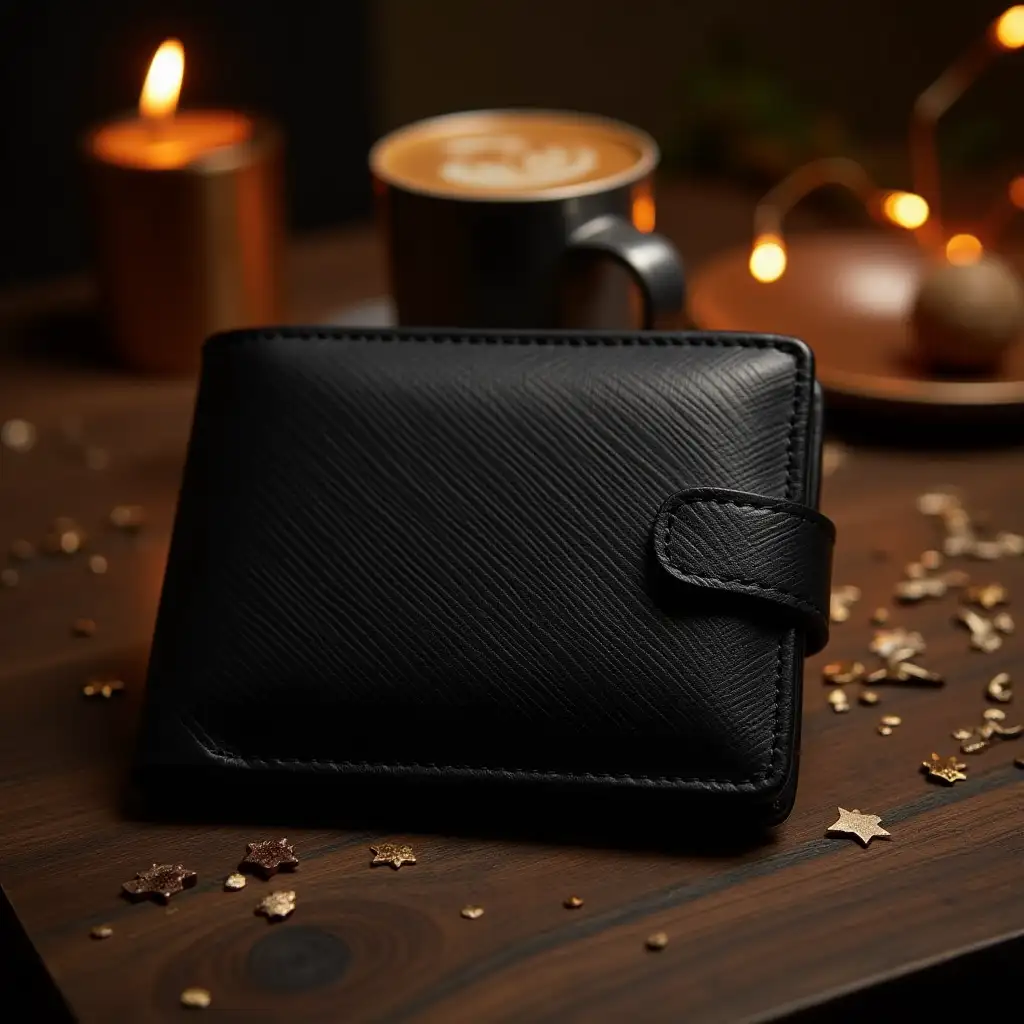 A black men's wallet on the New Year's table