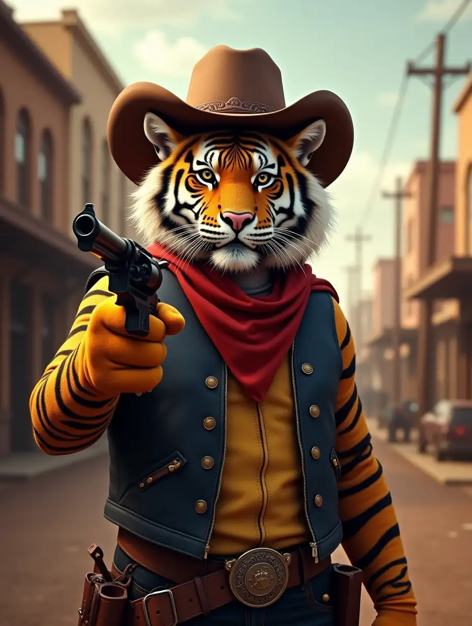 A tiger dressed as a cowboy holding a revolver in one paw is in a wild west city