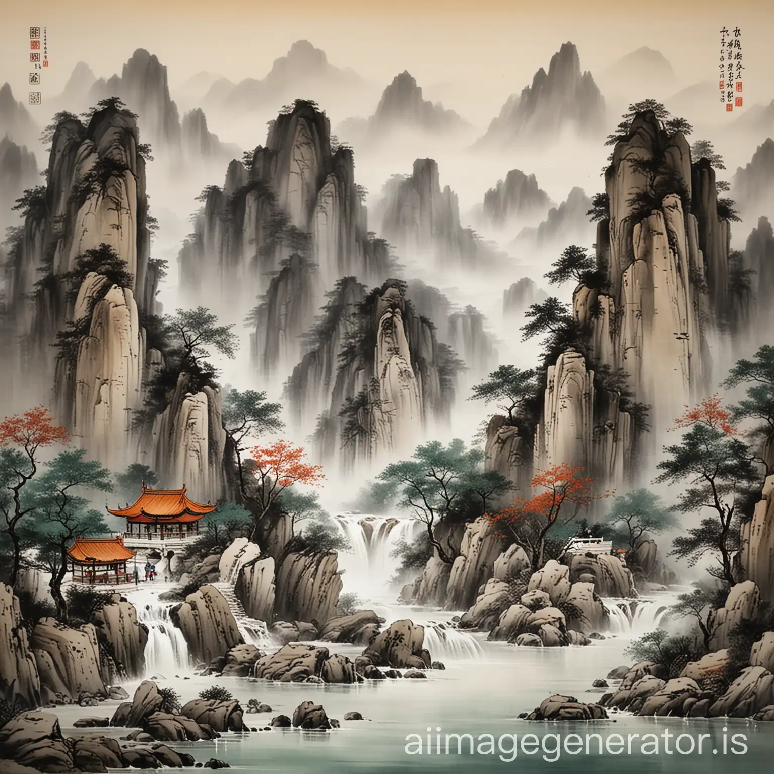 Chinese painting  has mountains has water  flow smooth