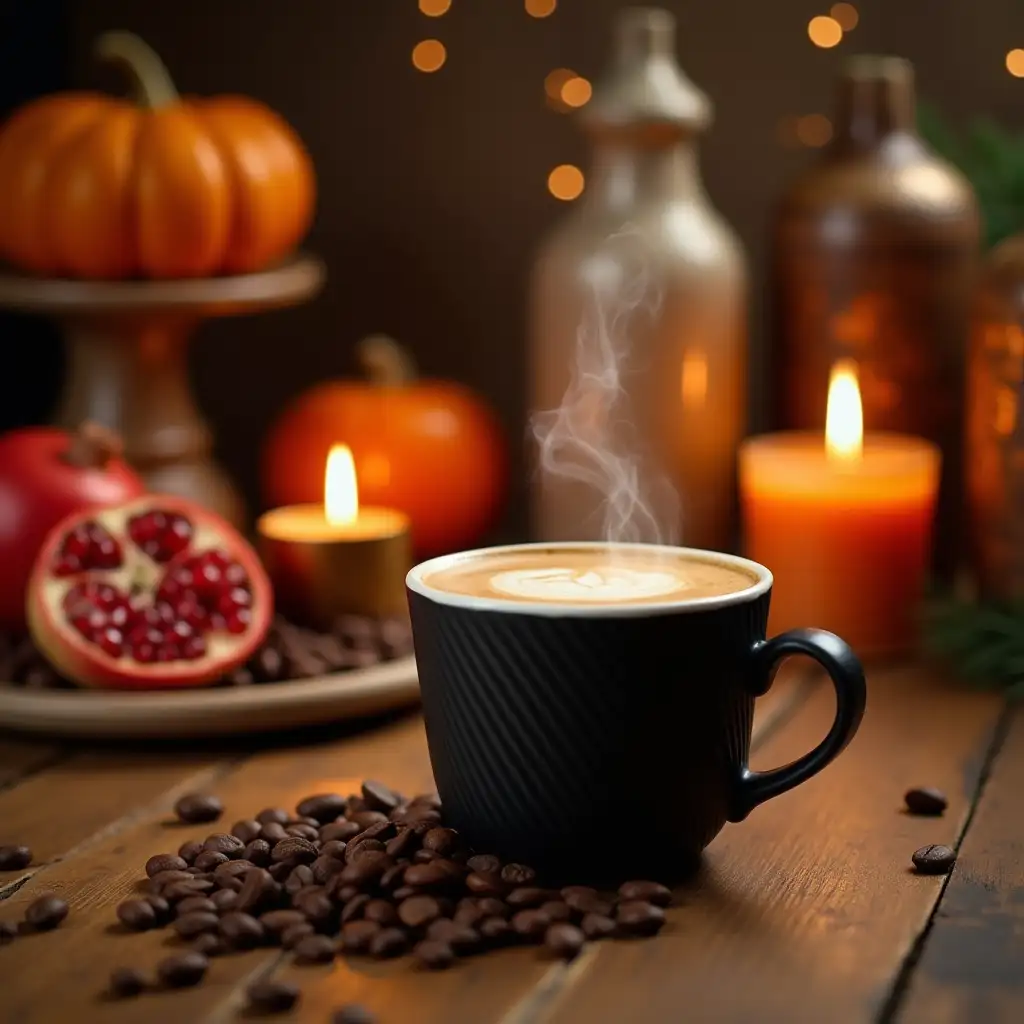 A festive and warm Yalda Night Instagram post for a coffee shop. The image shows a close-up view of a wooden cafe table with a black ripple paper coffee cup, gently steaming. Scattered coffee beans lie around the cup, adding a cozy ambiance. Traditional Iranian Yalda Night decorations are arranged on the table and in the background: vibrant red pomegranates, a bright orange pumpkin, glowing candles, and other Persian Yalda elements. The setting features warm, cream, brown, and wooden tones, creating a charming and inviting Yalda Night atmosphere. The lighting is soft and warm, evoking the cozy and festive vibe of Persian culture