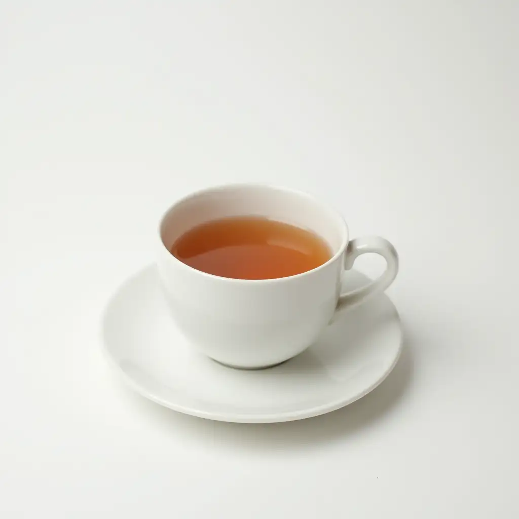 a cup of tea. in a completely white place