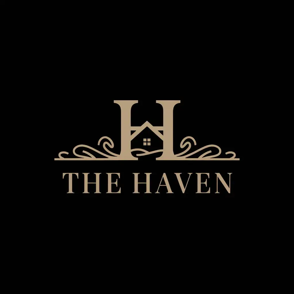 LOGO Design for The Haven Luxury Black Golden with House Icon Flowing Waves Ornamental Flourishes Theme