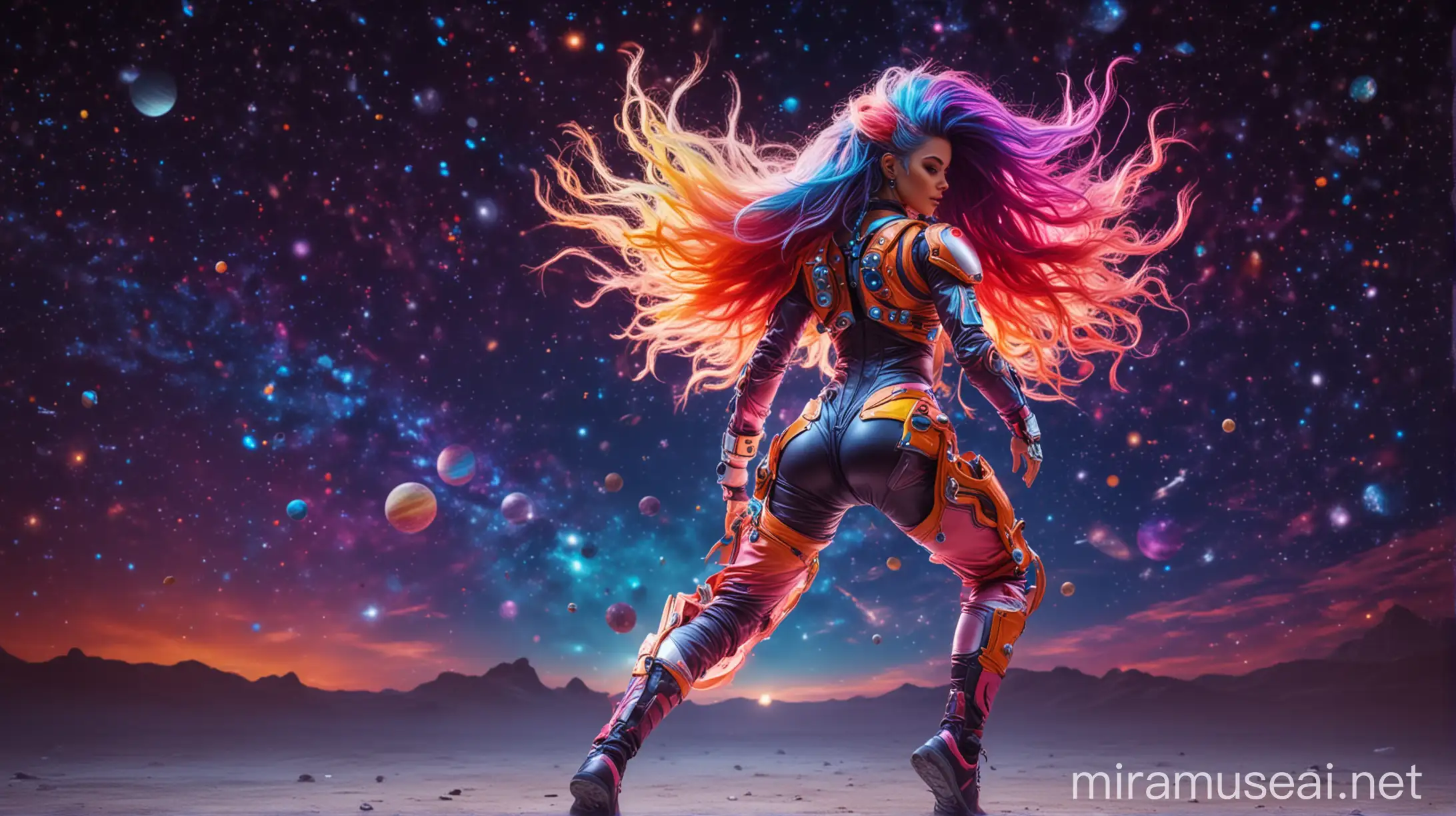 Dynamic Dance of a Futuristic Fitness Woman Against a Colorful Cosmic Backdrop