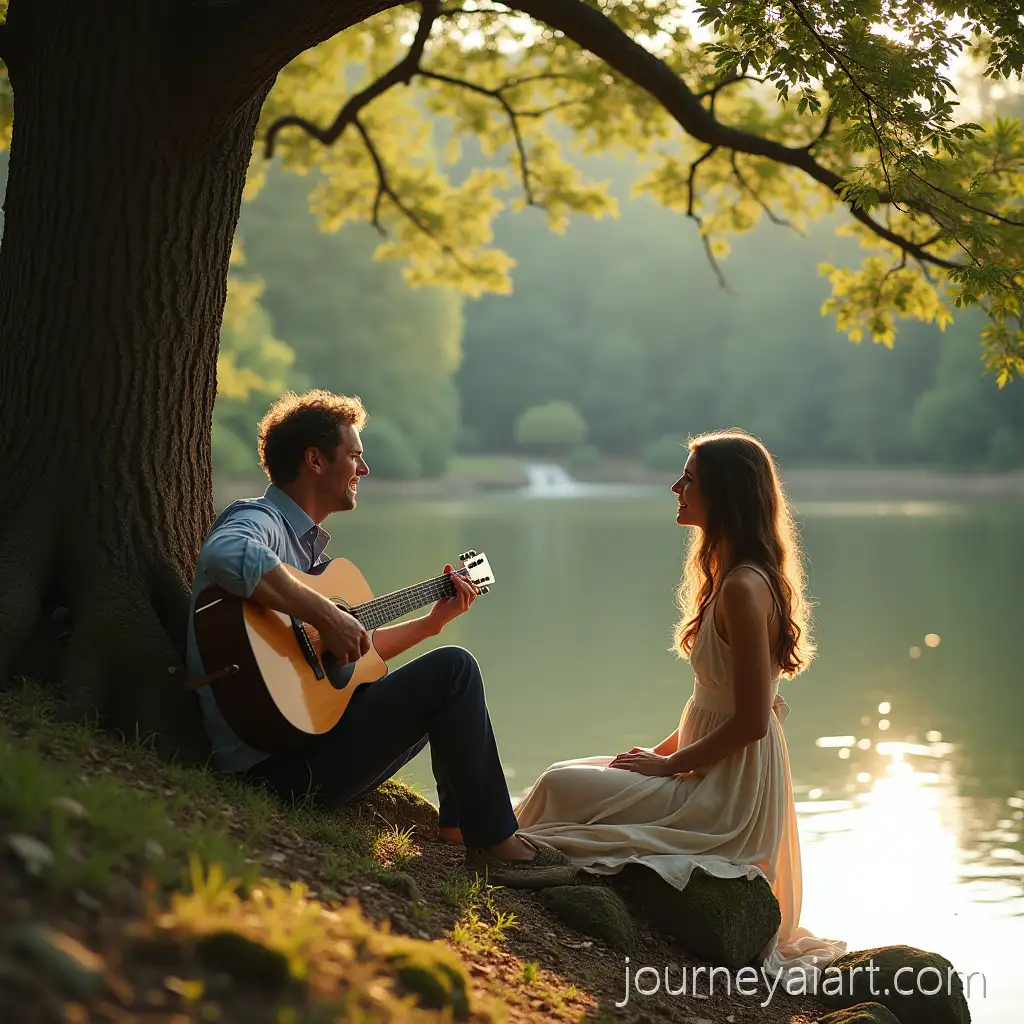 Man-Playing-Guitar-by-River-with-Beautiful-Woman-Listening