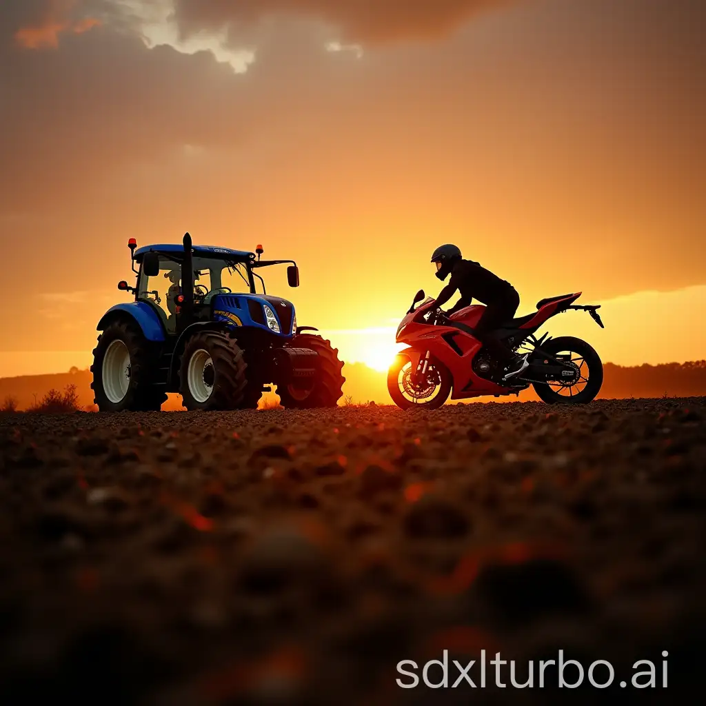 Orange sky: The sun either rises or sets, painting the sky with golden and orange tones. Low angle shot: We look at the scene from a low viewpoint, making the tractor and motorcycle even more impressive. The tractor: A New Holland T7.345 blue, majestically coming out of a plowed field. The motorcycle: A red Honda 600 CBR STUNT, with its bar for stunts, ready for anything. The two vehicles: Facing each other, creating a fascinating confrontation in the middle of this beautiful countryside.