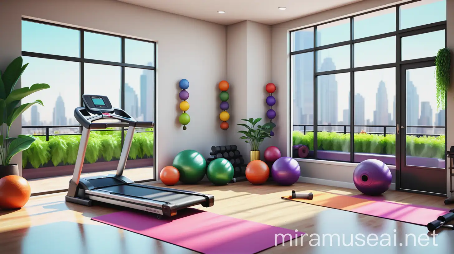 Rooftop Gym with Treadmill and Yoga Mat in Natural Light