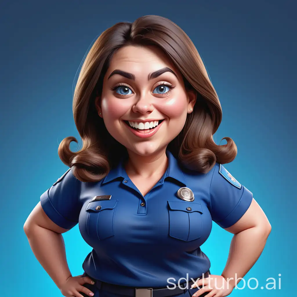 Create a 3D cartoon style realistic caricature full body with a large head. Women with Fat body, Long shagy hair, oval chubby face, thin eyebrows, slanted eyes, flat nose, smile with your mouth wide open showing your upper and lower teeth. Wearing a blue uniform, face angle 2/3, facing right, Use soft photography lighting, uhd 64k, blue gradient colorful background.