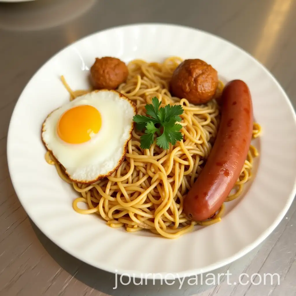 Plate-of-Indomie-Mixed-Noodles-with-Sausage-Fried-Egg-Meatball-and-Cilantro