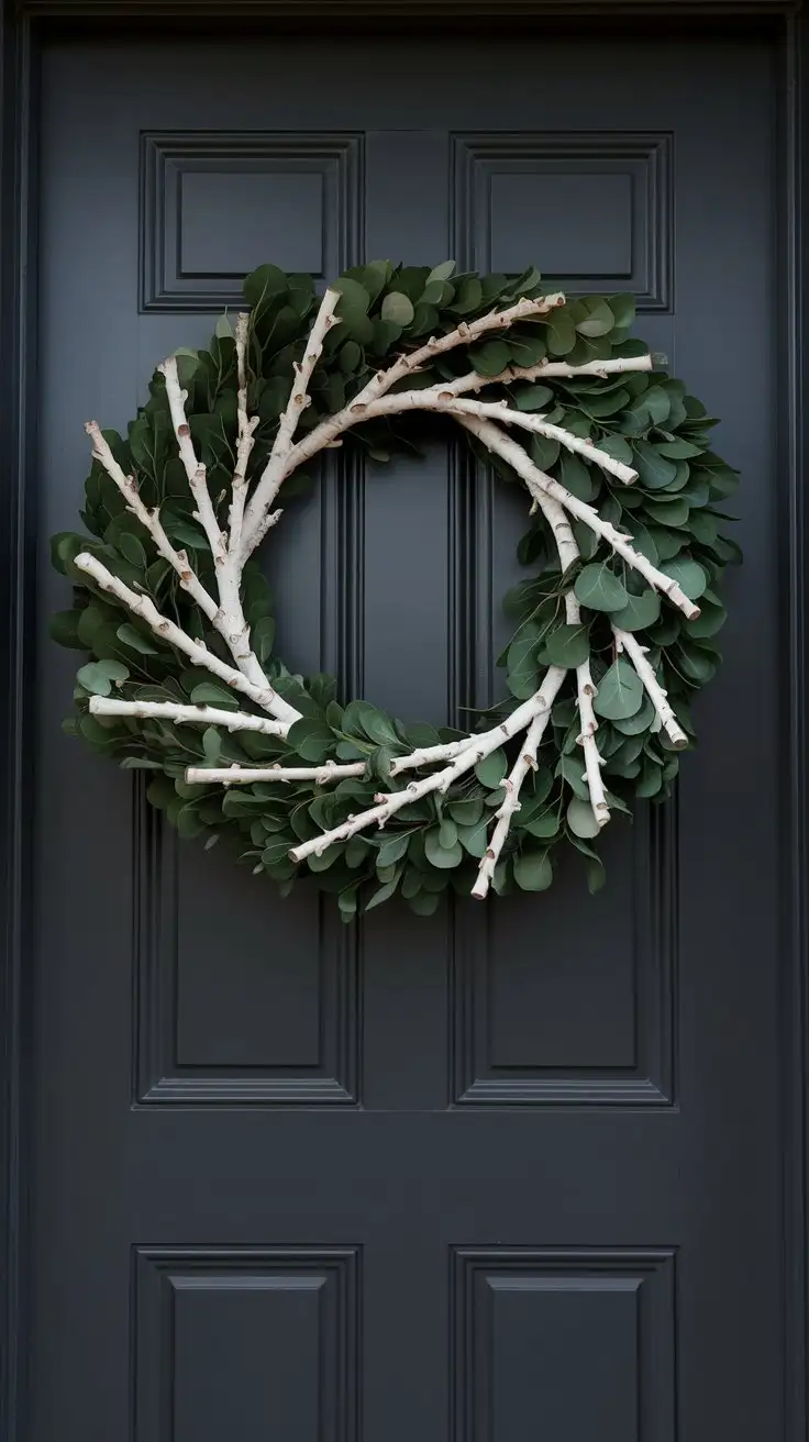 Scandinavian-Style-Birch-Branch-and-Green-Leaf-Wreath-on-Dark-Modern-Door