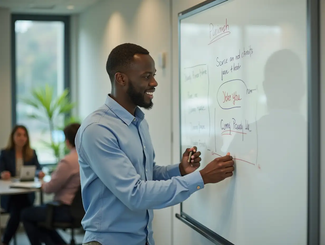 African person taking decision writing on the board