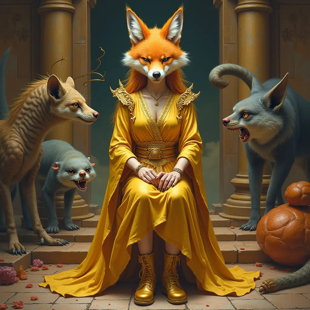 ultradetailed hyperrealistic portrait of a woman with fox head with golden robe and golden shoes in a temple with various strange creatures with intricately detailed, colorful