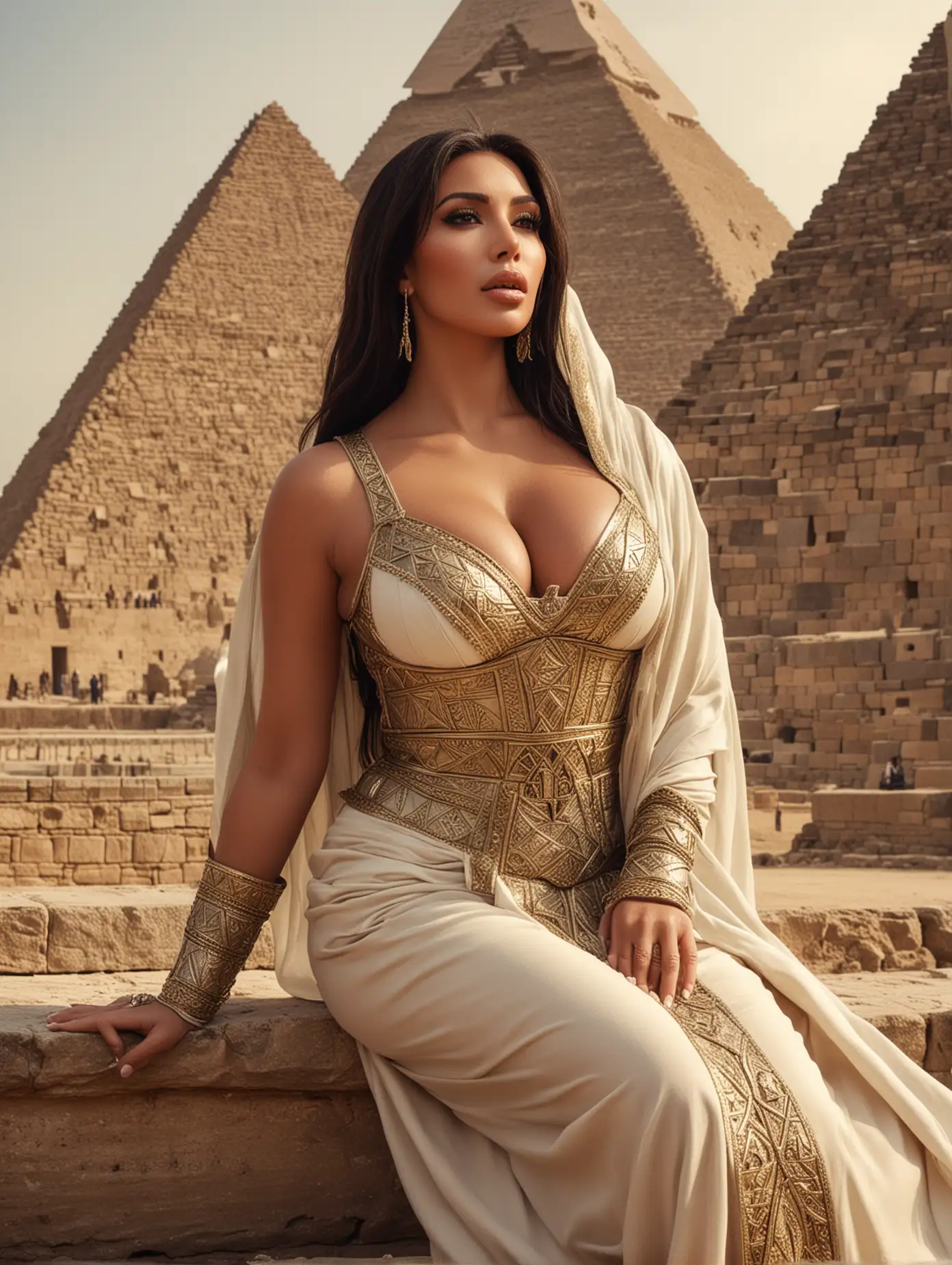 Elegant-Kim-Kardashian-in-Egyptian-Queen-Dress-on-Pyramid-Steps