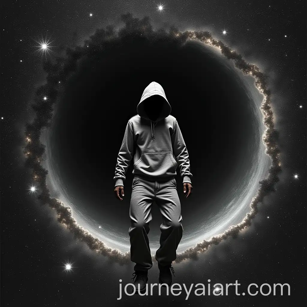 FacAI-Image-Prompt-Expansioneless-Figure-in-Hooded-Hat-Falling-Into-a-Black-Hole-with-Starry-Galaxy-Background