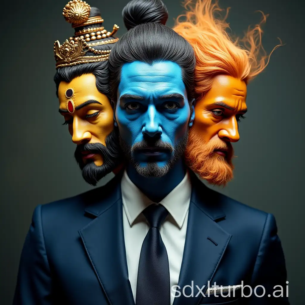 Triheaded-CEO-in-Brahma-Vishnu-and-Shiva-Faces-Tailored-Suit-and-Atmospheric-Background