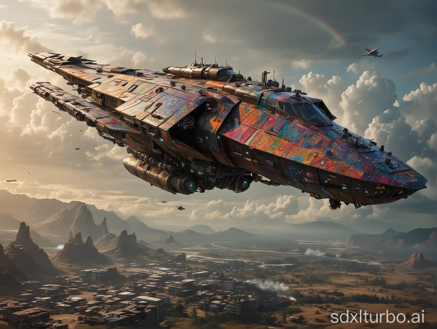 An full image of a giant heavily armored futuristic flying all terrain mothership, covered in rainbow batik pattern and glowing javanese runic symbols, automatic turrets, missile banks, missile defense system, multi-port rear engine arrays,  large pivoted missile pods, anti-air batteries, reactive armour over vital spaces, VTOL thrusters, ventral ground-facing VTOL thruster bays, retractable center cannon