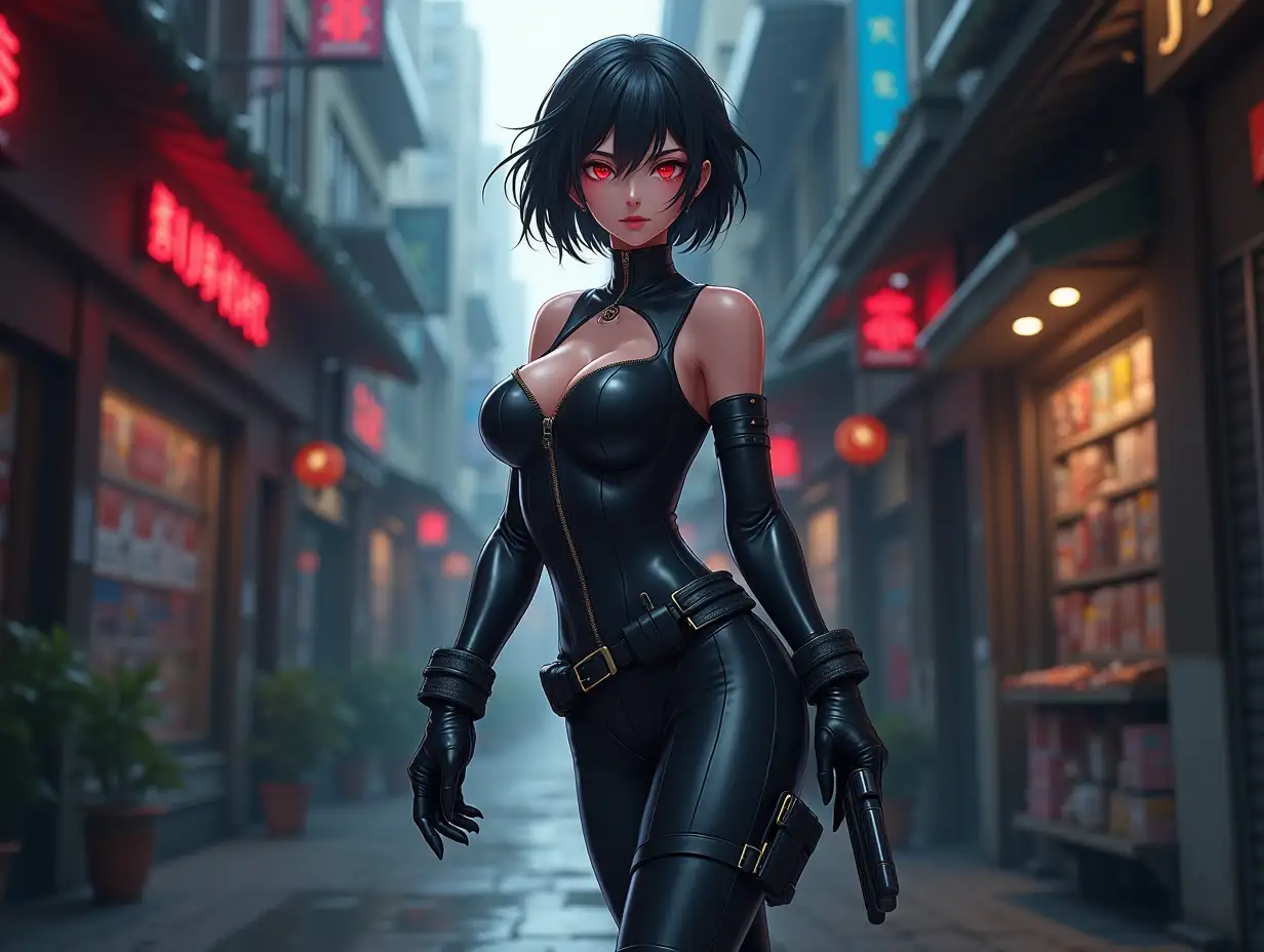 Short hair, mature Asian woman thief cyber runner in a dynamic full-length pose, eyes with red electronic pupils, large breast, extreme skintight body glove zipped down with cleavage, combat boots and combat belt. Full view of her body from boots up, low wide angle. Future store filled city alley street. Anime