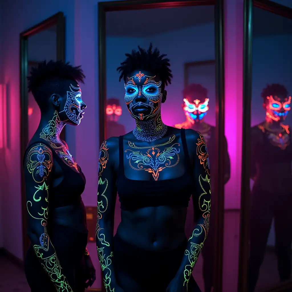 High-Contrast-Black-and-White-Room-with-Neon-Tattoos-and-Mysterious-Mirror-Reflections