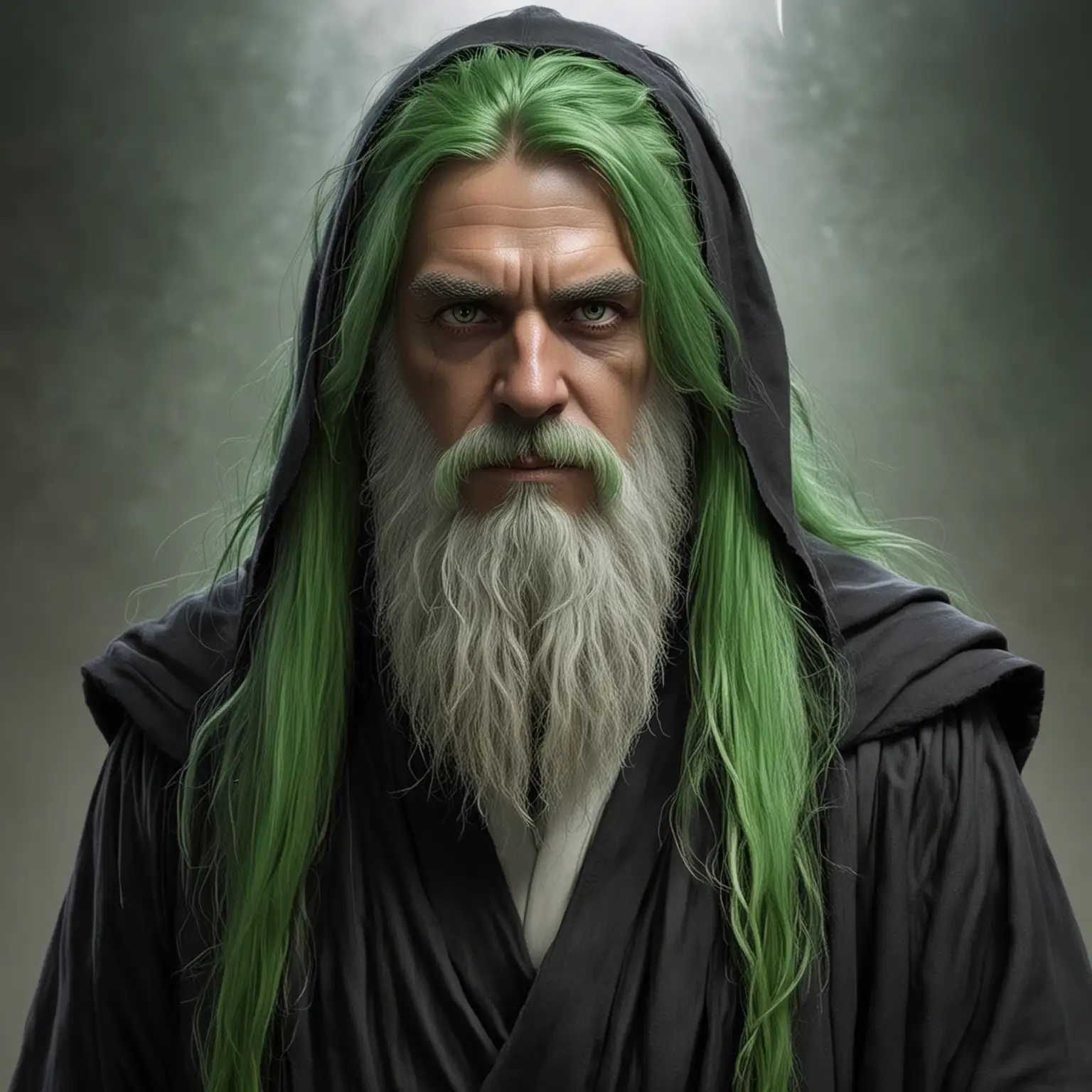 Jedi with white eyes, green beard, long green hair, and black robes