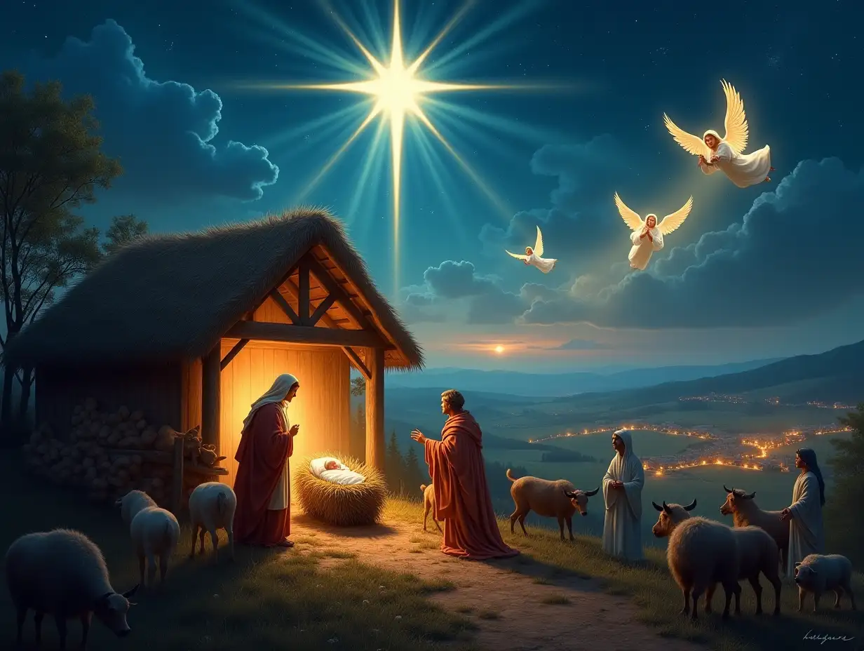 A radiant and heartwarming depiction of the joy spreading across the world at the birth of Jesus Christ. The scene features a glowing stable at the center, with baby Jesus lying in a manger, surrounded by Mary, Joseph, shepherds, and animals, all filled with reverence and joy. Above, a brilliant star shines brightly, casting beams of light across the landscape and the distant horizon. In the sky, angels with glowing wings are seen proclaiming the good news, their light illuminating the night. The background shows distant villages and fields gently lit up, symbolizing the joy and hope spreading across the world. The atmosphere is peaceful, divine, and filled with celebration and love.